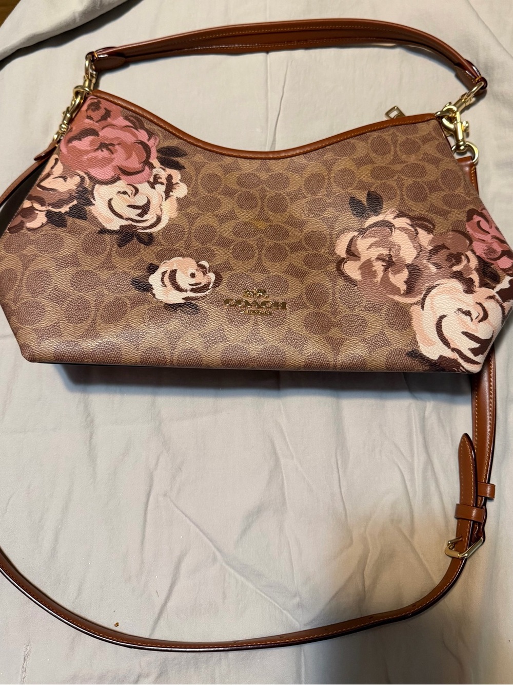 Coach Brown Signature Floral Shoulder Bag with Pink Accents